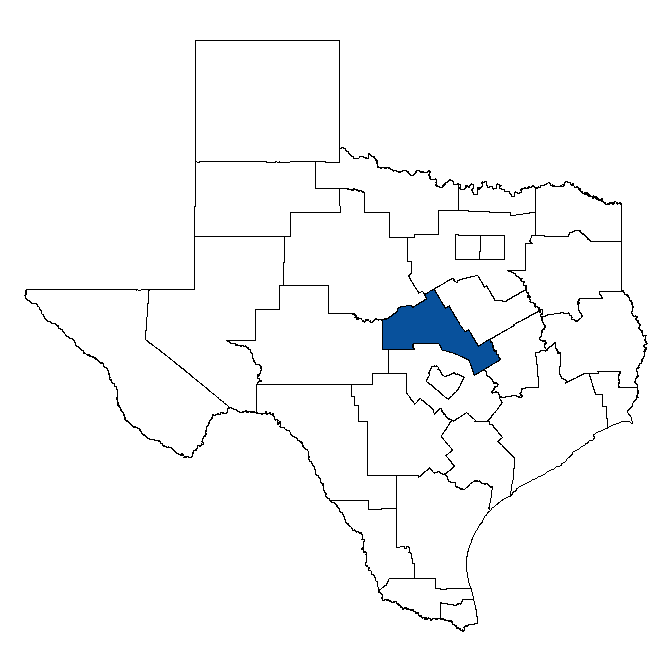 Map of Texas showing Central Texas Workforce Development Board