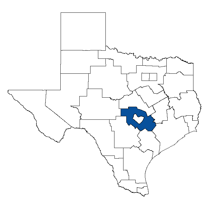 Map of Texas showing Rural Capital Area Workforce Development Board